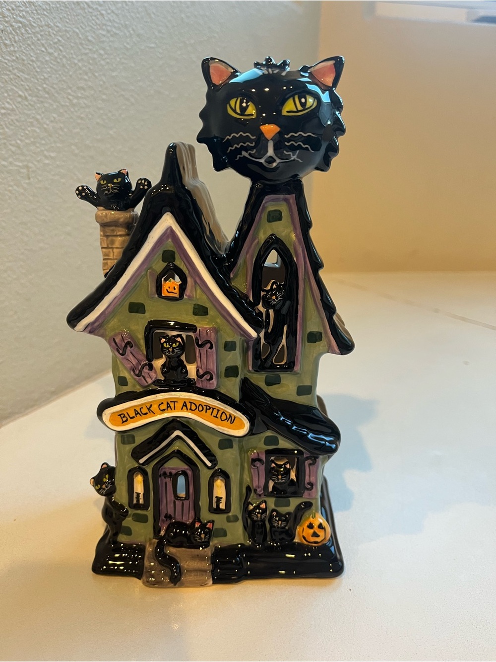 Blue Sky Clayworks Black Cat Adoption Ceramic Tea Light House/ Halloween